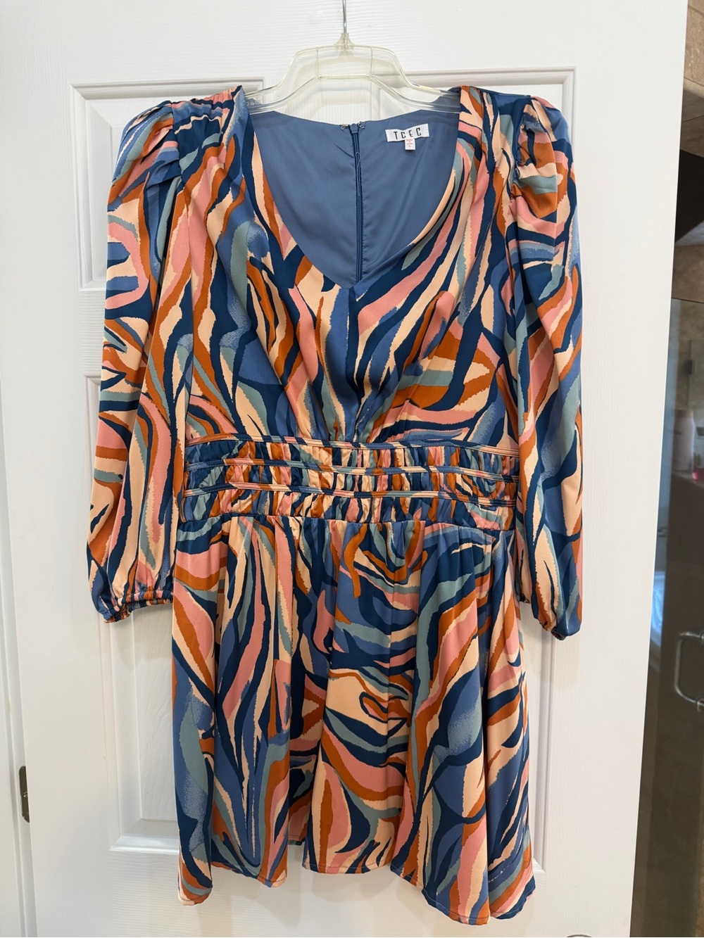 TCEC Abstract Blue and Orange Satin Dress